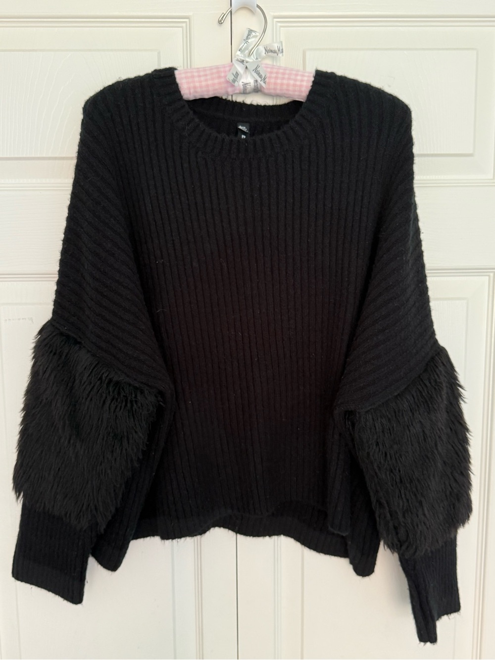 Design Lab by Lord & Taylor Faux Fur Statement Sleeve Ribbed Sweater - Size M